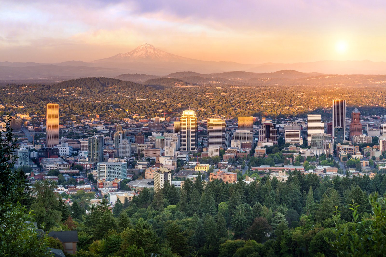 Oregon city skyline with mountain landscape
